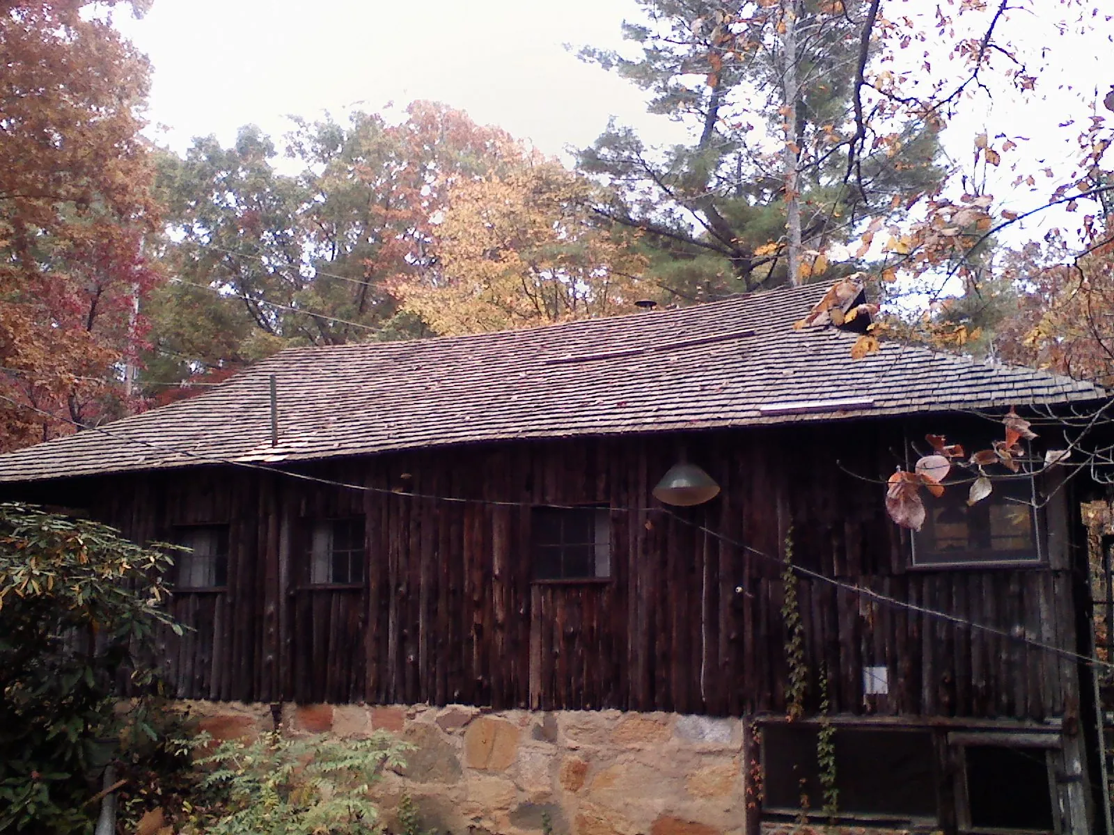 Weathered wood shake roof on a rustic board sided cabin in Apex